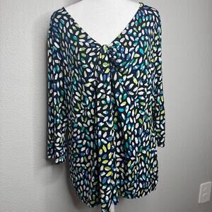 Chaus Sz 2X Plus 3/4 Slv Plungeneck Black Geometric Tunic Blouse